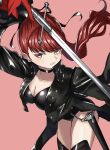  1girl black_choker black_jacket black_leotard black_ribbon blush breasts choker cleavage coattails commentary_request gloves hair_ribbon highres holding holding_sword holding_weapon jacket large_breasts leotard long_hair long_sleeves open_mouth persona persona_5 persona_5_the_royal ponytail red_eyes red_gloves red_hair ribbon s-m-53413 solo sword tailcoat thighhighs violet_(persona_5) weapon yoshizawa_kasumi 