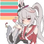  1girl blowing_kiss butterfly-shaped_pupils clothing_cutout commentary_request diamond_(shape) diamond_facial_mark diamond_on_cheek diamond_print facial_mark hat hat_ornament heart heart_facial_mark heart_on_cheek highres honkai:_star_rail honkai_(series) japanese_clothes kimono looking_at_viewer mark_under_both_eyes mini_hat mini_top_hat multicolored_hair oimo_imonium one_eye_closed pink_eyes rabbit_ear_headwear rabbit_hat_ornament red_streaks shoulder_cutout simple_background solo sparkle_(honkai:_star_rail) sparxie_(honkai:_star_rail) streaked_hair symbol-shaped_pupils top_hat twintails white_background white_hair 