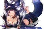  1girl :d \m/ animal_ears bare_shoulders barefoot baum_roll_017 bell blue_hair breasts choker cleavage collarbone commentary_request erune fang fox_ears fox_tail granblue_fantasy hair_bell hair_ornament highres jingle_bell large_breasts long_hair lying on_stomach one_eye_closed open_mouth red_eyes simple_background smile solo tail the_pose very_long_hair white_background yuel_(granblue_fantasy) 