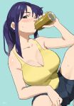  1girl absurdres alcohol beer blush breasts brown_eyes commentary highres holding katsuragi_misato large_breasts long_hair looking_at_viewer neon_genesis_evangelion purple_hair short_shorts shorts solo sweatdrop t-lex tank_top untranslatable_commentary yellow_tank_top 