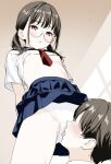  1boy 1girl black_hair blue_sailor_collar blue_skirt blush breasts brown_eyes choppy_bangs clothes_lift commentary crotch_seam cunnilingus cunnilingus_through_clothes faceless faceless_male glasses hetero highres indoors legs_apart looking_at_another looking_down medium_hair necktie nipples no_bra oral original panties parted_lips pleated_skirt red_necktie round_eyewear sailor_collar secret_dmain semi-rimless_eyewear shirt short_hair short_sleeves skirt skirt_lift small_breasts standing twintails underwear untranslatable_commentary very_short_hair white_panties white_shirt window_shadow 