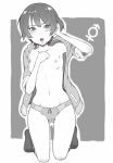  1girl adjusting_hair arm_up blush boku_girl breasts collarbone commentary_request eyebrows_visible_through_hair full_body greyscale ina_(gokihoihoi) kneehighs kneeling looking_at_viewer male-female_symbol mole mole_under_mouth monochrome navel nipples open_mouth panties polka_dot polka_dot_panties short_hair small_breasts solo suzushiro_mizuki underwear 