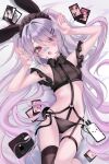  1girl :o absurdres alternate_costume animal_ears arms_up bandaid bandaid_on_cheek bandaid_on_face bandaid_on_nose bare_arms bare_shoulders bed_sheet blush camera cellphone chedisu collared_shirt commentary_request cowboy_shot crop_top double_strap_slip fake_animal_ears fang frilled_headband frilled_sleeves frills from_above garter_straps gem grey_hair hair_between_eyes hair_intakes hair_ornament hair_over_one_eye hairclip headband highleg highleg_panties highres hololive hololive_english jewel_under_eye koseki_bijou long_hair looking_at_viewer lying navel on_back open_mouth panties phone photo_(object) purple_eyes purple_gem rabbit_ears rabbit_pose rabbit_tail shirt short_sleeves sidelocks single_bare_leg single_thighhigh smartphone stomach strap_slip tail thighhighs thighs tongue twintails underwear very_long_hair virtual_youtuber white_background 
