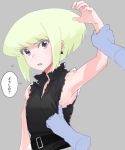  1boy androgynous arm_up armpits belt black_jacket earrings green_hair jacket jewelry lio_fotia male_focus nipples ns1123 open_mouth promare purple_eyes 