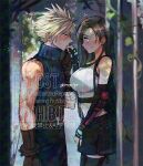  1boy 1girl against_wall bare_shoulders belt belt_buckle black_gloves black_hair black_skirt black_sports_bra black_thighhighs blonde_hair blue_pants blue_sweater blurry blurry_background blurry_foreground blush breasts brown_hair buckle closed_mouth cloud_strife commentary_request couple cowboy_shot crop_top dappled_sunlight ear_blush earrings elbow_gloves eye_contact final_fantasy final_fantasy_vii final_fantasy_vii_remake fingerless_gloves from_side gloves hair_behind_ear hetero highres holding_hands jewelry large_breasts long_hair looking_at_another low-tied_long_hair midriff miniskirt mrg2by multiple_belts navel pants profile red_eyes ribbed_sweater scratches short_hair single_arm_guard single_earring skirt sleeveless sleeveless_turtleneck spiked_hair sports_bra standing sunlight suspender_skirt suspenders sweat sweatdrop sweater tank_top teardrop_earrings thighhighs tifa_lockhart tree turtleneck turtleneck_sweater twitter_username watermark white_tank_top zettai_ryouiki 