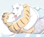  2016 anthro bed belly butt clothing cuddling duo felid fur hug humanoid_hands kissing male male/male mammal numpia one_eye_closed overweight overweight_male pantherine pillow polar_bear tiger tongue tongue_out underwear ursid ursine white_fur wink 