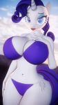  2019 3d_(artwork) absolute_cleavage absurd_res anthro anthrofied big_breasts bikini blue_eyes blue_eyeshadow breasts clothing colored_nails dashie116 digital_media_(artwork) equid eyeshadow female friendship_is_magic hi_res horn lipstick looking_at_viewer makeup mammal my_little_pony nails purple_nails rarity_(mlp) red_lipstick solo swimwear unicorn wide_hips 