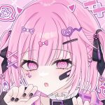  1girl :o @_@ aegyo_sal bandaid bandaid_on_cheek bandaid_on_face black_bow black_collar black_hoodie black_nails blush bow center-flap_bangs close-up collar commentary_request demon_horns demon_tail drawn_horns drawn_tail ear_piercing eyes_visible_through_hair facial_mark frilled_collar frills hair_between_eyes hair_bow hair_ornament hand_on_own_cheek hand_on_own_face hands_up heart heart_facial_mark heart_hair_ornament highres hood hood_down hoodie horns korean_commentary long_sleeves looking_at_viewer nail_polish ootori_emu open_mouth outline pale_skin piercing pink_background pink_bow pink_hood pink_horns pink_tail pink_theme plaid_hood portrait project_sekai puffy_long_sleeves puffy_sleeves purple_bow rabbit short_hair simple_background solo spoken_animal tail touyu_1210 two-tone_bow two_side_up white_outline x_hair_ornament 