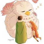  1boy 2girls absurdres amityspark animal_ears armored_boots artist_name bandaged_arm bandaged_head bandages bird black_hair boots brown_boots brown_hair cloak closed_eyes closed_mouth commentary completely_nude dress english_commentary expressionless filo_(filolial_form)_(tate_no_yuusha_no_nariagari) filo_(tate_no_yuusha_no_nariagari) filolial fur-trimmed_hood fur_trim green_cloak hair_between_eyes highres hood hood_down hooded_cloak iwatani_naofumi kneeling leather leather_boots long_hair long_sleeves looking_at_another lying_on_animal lying_on_another messy_hair metal_arm_cuffs metal_hair_tubes multiple_girls nude pinstripe_dress pinstripe_pattern purple_hair raccoon_ears raccoon_girl raccoon_tail raphtalia short_dress short_hair simple_background sleeping smile straight_hair tail tate_no_yuusha_no_nariagari thigh_boots wavy_hair white_background white_dress zettai_ryouiki zzz 