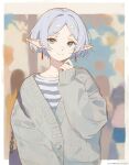  1girl ai-generated alternate_hair_length alternate_hairstyle aqua_eyes closed_mouth commentary_request earrings eyelashes frieren grey_jacket hashtag-only_commentary highres jacket jewelry lilium_(lilydisease) long_sleeves pointy_ears shirt short_hair smile solo sousou_no_frieren striped_clothes striped_shirt upper_body white_hair 