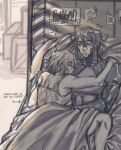  2girls ? ?? android ariane_yeong arrow_(symbol) closed_eyes cuddling drawing_(object) elster_(signalis) english_text from_above hashtag-only_commentary highres looking_at_another monochrome multiple_girls one_eye_closed short_hair signalis sketch skin_seams sleeping strixzstx under_covers yuri 