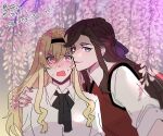  2girls arm_around_shoulder arms_at_sides artist_name black_bow black_bowtie black_hairband blonde_hair blurry blurry_background blush bow bowtie brown_hair cheek-to-cheek collared_shirt commentary_request depth_of_field fang flower gradient_background grey_background hair_between_eyes hair_bow hair_ornament hairband half_updo hand_on_another's_shoulder hands_up heads_together korean_commentary korean_text light_particles long_hair looking_at_viewer mmotu_123 multiple_girls nose_blush open_mouth outstretched_arm parted_lips pink_eyes purple_bow purple_eyes purple_flower reaching reaching_towards_viewer red_vest saijou_claudine selfie shade shirt shoujo_kageki_revue_starlight side-by-side sidelocks smile sweat tendou_maya three-quarter_sleeves translation_request upper_body v-shaped_eyebrows vest white_shirt wide-eyed wisteria x_hair_ornament yuri 