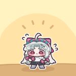  1girl ahoge black_shorts blush_stickers bow carlotta_(wuthering_waves) chibi chibi_only closed_mouth commentary_request dumbbell exercising flying_sweatdrops full_body grey_hair hair_bow hairband holding holding_dumbbell korean_commentary long_hair monyami outline parted_bangs pink_bow pink_hairband red_eyes shirt shoes short_sleeves shorts socks solo standing v-shaped_eyebrows weightlifting white_outline white_shirt white_shoes white_socks wuthering_waves yellow_background 