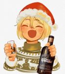 1girl blonde_hair bottle christmas_sweater commentary cup drinking_glass english_commentary fang green_sweater hair_between_eyes hat highres holding holding_bottle holding_cup marichka open_mouth original portrait santa_hat short_hair shot_glass skin_fang smile solo sweater turtleneck turtleneck_sweater usergore 