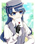  1girl black_gloves blue_eyes blue_hair blue_ribbon blue_sky border center_frills closed_mouth cloud collared_shirt commentary_request day envelope frilled_shirt frills gloves grey_hat grey_vest haikei_mirai_no_kimi_e_(love_live!) half_gloves half_updo hat hat_ribbon highres holding holding_envelope kanduki_kamibukuro link!_like!_love_live! long_sleeves looking_at_viewer love_live! murano_sayaka outdoors outside_border ribbon shirt sky smile solo upper_body vest virtual_youtuber white_border white_shirt 