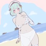  1girl animal_ears animal_print ass_visible_through_thighs beach bikini bikini_skirt blue_eyes blue_hair blush breasts bridal_gauntlets commentary cow_ears cow_print cow_print_bikini cow_print_bridal_gauntlets cowboy_shot day double-parted_bangs dutch_angle ear_tag facing_viewer fake_animal_ears flat_color hand_on_own_chest hat highres indie_virtual_youtuber large_breasts looking_to_the_side navel ocean open_mouth outdoors peaked_cap pink_pupils print_bikini print_bridal_gauntlets rapid17 see-through_clothes see-through_skirt short_hair skirt solo stomach sweat swimsuit thighs virtual_youtuber white_hat yangdoki 