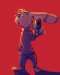  2019 ambiguous_gender anthro barefoot blue_eyes clothed clothing disney ear_markings facial_markings frown fuel_(artist) fur fur_markings gun handgun head_markings head_tuft holding_object holding_weapon jack_savage lagomorph leporid looking_at_viewer mammal markings pistol rabbit ranged_weapon red_background simple_background solo standing weapon zootopia 