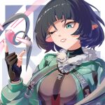  1girl ;) absurdres animal_ears black_gloves black_hair border breasts chinese_commentary commentary_request crop_top fingerless_gloves gloves green_eyes green_jacket highres holding holding_with_tail jacket jane_doe_(zenless_zone_zero) large_breasts lll_lynx mouse_ears mouse_girl mouse_tail one_eye_closed prehensile_tail short_hair smile solo tail upper_body white_border zenless_zone_zero 