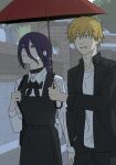  1boy 1girl alternate_universe black_bow black_bowtie black_choker black_dress blonde_hair bow bowtie brown_eyes chainsaw_man choker clothes_pin commentary_request denji_(chainsaw_man) dress fourth_east_high_school_uniform gakuran green_eyes hair_between_eyes hand_in_pocket highres holding holding_umbrella korean_commentary pinafore_dress purple_hair reze_(chainsaw_man) sawgak school_uniform sleeveless sleeveless_dress umbrella 