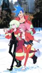  1girl 2boys aina_ardebit blonde_hair blue_hair earrings galo_thymos holding_hands ice_skating jacket jewelry josei_(artist) lio_fotia midriff multiple_boys open_mouth outdoors pants pink_hair promare purple_eyes shorts side_ponytail skating smile thighhighs 