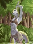  3:4 abs absurd_res anthro clothed clothing female hands_above_head hi_res ldr lizard navel outside partially_submerged reptile scalie smile solo standing wet wide_hips 