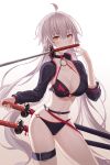  1girl absurdres ahoge backlighting belt bikini black_bikini breasts brown_eyes cleavage collarbone commentary_request cowboy_shot fate/grand_order fate_(series) floating_hair halterneck hand_up highres jeanne_d&#039;arc_(alter_swimsuit_berserker) jeanne_d&#039;arc_(fate)_(all) katana leg_belt long_hair long_sleeves looking_at_viewer medium_breasts mouth_hold multiple_swords navel niji_(rudduf232) sheath sheathed shrug_(clothing) silver_hair simple_background solo standing stomach swimsuit sword thighs very_long_hair weapon white_background 
