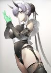  1girl adjusting_clothes adjusting_gloves bangs bare_shoulders black_gloves black_legwear black_leotard breasts closed_mouth dutch_angle elbow_gloves eyebrows_visible_through_hair garter_belt gloves green_gloves grey_background hair_bun hair_net hands_up highres horns izuru_(timbermetal) large_breasts leotard looking_at_viewer maid_headdress original purple_eyes purple_hair rubber_gloves solo thighhighs v-shaped_eyebrows 