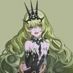  1girl asymmetrical_gloves bad_id bad_pixiv_id black_dress black_gloves breasts claw_ring cleavage cleavage_cutout clothing_cutout crown dress earrings elbow_gloves forced_to_smoke_(user_xppy3578) gloves green_background green_eyes green_hair highres honkai_(series) honkai_impact_3rd jewelry lips lipstick long_hair long_sleeves looking_at_viewer makeup mismatched_earrings mobius_(honkai_impact) red_lips simple_background single_earring single_sleeve slit_pupils small_breasts solo upper_body very_long_hair wavy_hair white_sleeves 