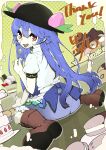  1girl absurdres black_hat blue_hair blue_skirt boots brown_boots cake commentary_request commission cookie donut food food_on_face food_request fruit_hat_ornament hat hat_ornament highres hinanawi_tenshi holding holding_spoon ice_cream knee_boots kuromaru_ira leaf_hat_ornament long_hair looking_at_viewer macaron open_mouth peach_hat_ornament plate pudding puffy_short_sleeves puffy_sleeves red_eyes shirt short_sleeves sitting skeb_commission skirt smile solo spoon sundae thank_you touhou very_long_hair wariza white_shirt 