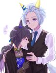  2girls absurdres animal_ears black_jacket black_pants black_vest blue_dress blue_eyes blue_hair blue_necktie closed_mouth collared_shirt commentary_request daiichi_ruby_(flowing_blue)_(umamusume) daiichi_ruby_(umamusume) dress drill_hair drill_sidelocks ear_covers fishnet_gloves fishnets gloves gogono_pan'ya hair_between_eyes highres horse_ears horse_girl horse_tail jacket k.s.miracle_(umamusume) long_hair long_sleeves multiple_girls necktie official_alternate_costume pants purple_eyes shirt short_hair side_drill sidelocks simple_background smile tail umamusume vest white_shirt yuri 