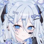  @_@ aegyo_sal bandaid bandaid_on_cheek bandaid_on_face black_bow black_choker black_nails blue_background blue_bow blue_eyes blue_hair blue_hoodie blue_horns blue_tail blue_theme blush bow choker close-up closed_mouth commentary_request demon_horns demon_tail double-parted_bangs drawn_horns drawn_tail ear_piercing eyes_visible_through_hair frilled_choker frills hair_between_eyes hair_bow hair_ornament heart heart_hair_ornament highres hood hood_down hoodie horns korean_commentary looking_at_viewer nail_polish outline pale_skin piercing pill pink_horns plaid_clothes plaid_hoodie portrait project_sekai raised_inner_eyebrows simple_background smile solo spoken_expression sweat tail touyu_1210 two-tone_bow two_side_up white_outline x_hair_ornament 