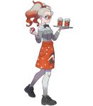  1girl apron artist_request black_bow black_bowtie blue_eyes bow bowtie coffee_pot cowlick cup disposable_coffee_cup disposable_cup from_side full_body griselle_(pokemon) hair_pulled_back highres holding holding_coffee_pot holding_poke_ball holding_tray looking_at_viewer multicolored_hair official_art orange_apron poke_ball pokemon pokemon_legends:_z-a print_apron red_apron red_hair simple_background solo split_ponytail standing standing_on_one_leg team_flare third-party_source transparent_background tray two-tone_hair waist_apron white-framed_eyewear white_hair 