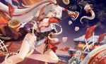  2girls absurdres aerial_fireworks black_dress blue_eyes breasts chinese_commentary coin commentary_request diamond-shaped_pupils diamond_(shape) dress fireworks high_ponytail highres honkai_(series) honkai_impact_3rd kiana_kaslana kiana_kaslana_(ba-dum!_fiery_wishing_star) large_breasts lll_lynx long_hair multiple_girls night ponytail rice_cake_(honkai_impact) smile snake snow symbol-shaped_pupils theresa_apocalypse theresa_apocalypse_(astralop) thighs very_long_hair white_dress white_hair 