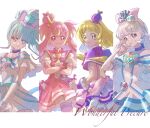  4girls :3 animal_ear_hairband animal_ears aqua_bow aqua_hair aqua_hat arched_crown arm_warmers bare_shoulders blonde_hair blue_choker blue_crown blue_eyes bow bow_earrings braid bright_pupils brooch butterfly_earrings capelet chest_bow choker closed_mouth colored_tips commentary cropped_legs crossed_arms crown crown_earrings cure_friendy cure_lillian cure_nyammy cure_wonderful cursive deerstalker dress dress_bow earrings english_text fake_animal_ears finger_to_own_chin frilled_arm_warmers frilled_dress frills gold_hairband hair_bow hairband hat hat_ornament heart heart_brooch heart_hat_ornament index_finger_raised inukai_iroha inukai_komugi jewelry layered_dress long_hair looking_at_viewer looking_back low_twin_braids magical_girl medium_dress mini_crown mini_hat mini_top_hat multicolored_bow multicolored_hair multiple_girls nekoyashiki_mayu nekoyashiki_yuki off-shoulder_dress off_shoulder pact_holder pantyhose pearl_earrings petticoat pink_bow pink_capelet pink_crown pink_dress pink_hair pink_pantyhose pink_wrist_cuffs ponytail pouch precure puffy_short_sleeves puffy_sleeves purple_bow purple_capelet purple_dress purple_eyes purple_hairband purple_hat purple_wrist_cuffs shiny_cats_pact short_dress short_sleeves side_ponytail sleeveless sleeveless_dress striped_bow striped_clothes striped_pantyhose tilted_headwear top_hat twin_braids two-tone_hair two-tone_pantyhose two_side_up very_long_hair white_arm_warmers white_background white_bow white_dress white_hair wonderful_pact wonderful_precure! wonderful_tanaka wrist_cuffs yellow_pantyhose yellow_pupils 