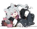  1girl animal_ears black_dress black_shoes blush can canned_food cat_ears cat_girl cat_tail commentary dress fork frilled_dress frills full_body grey_hair holding holding_fork karei long_sleeves looking_at_viewer lying mary_janes neck_ribbon on_side open_mouth pinafore_dress red_eyes red_ribbon ribbon sayo_(voicevox) shirt shoes short_hair simple_background sleeveless sleeveless_dress sleeves_past_fingers sleeves_past_wrists solo tail untranslatable_commentary voicevox white_background white_shirt 