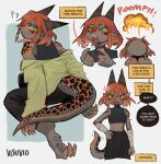  1girl ? ?? absurdres akiko_(vakiko6) anger_vein bandaged_arm bandages black_pants black_shirt blunt_bangs braid breasts breath_weapon breathing_fire colored_skin commentary crop_top dark-skinned_female dark_skin earrings english_commentary english_text fangs fire forked_tongue green_eyes grey_skin hair_between_eyes hand_on_own_hip highres jewelry looking_at_viewer midriff navel open_mouth original pants pointy_ears red_hair shirt short_hair simple_background sleeveless sleeveless_shirt small_breasts solo speech_bubble tail tongue white_background 