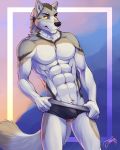  2019 5_fingers abs anthro biceps black_nose brown_fur brown_skin bulge canid canine canis clothed clothing feralise fur grey_fur grey_skin male mammal markings multicolored_fur multicolored_skin muscular muscular_male pecs removing_underwear simple_background smile solo standing topless undressing white_fur white_skin wolf yellow_eyes 