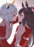  absurdres animal_ears black_hair blue_eyes blue_hair bow braid commentary_request daiichi_ruby_(umamusume) drill_hair drill_sidelocks ear_covers ear_flower eye_contact gogono_pan'ya hair_between_eyes hair_bow hair_ornament highres horse_ears horse_girl hug jacket k.s.miracle_(umamusume) long_hair long_sleeves looking_at_another multiple_girls parted_lips purple_eyes red_jacket red_track_suit short_hair side_drill sidelocks tail tracen_training_uniform track_jacket track_suit twin_drills umamusume yuri 