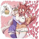  ahoge animal_ears bow bowtie bread_bun breasts brown_cardigan burger cardigan commentary dreaming drill_hair drill_sidelocks ear_bow ear_ornament ear_ribbon english_commentary food grey_hair grey_tail hair_between_eyes hairband heart highres holding horse_ears horse_girl horse_tail large_breasts long_hair long_sleeves medium_hair multicolored_hair multiple_girls norn_ace_(umamusume) oguri_cap_(umamusume) open_mouth pleated_skirt purple_bow purple_bowtie purple_sailor_collar purple_serafuku purple_shirt sailor_collar sailor_shirt school_uniform serafuku shirt side_drill sidelocks single_drill skirt tail tobyllitos tracen_school_uniform umamusume umamusume:_cinderella_gray wide-eyed 