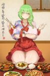 1girl absurdres alternate_costume banshee_(last_origin) braid braided_ponytail breasts chima_(clothes) chopsticks closed_eyes commentary eating english_commentary food green_hair hanbok highres holding holding_chopsticks huge_breasts korean_clothes last_origin long_sleeves new_year noonnoon531 seiza sitting solo table thick_thighs thighs underboob wooden_table 