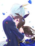  2girls absurdres animal_ears asymmetrical_dress bare_shoulders blue_dress blue_hair blue_jacket brown_hair commentary_request confetti daiichi_ruby_(flowing_blue)_(umamusume) daiichi_ruby_(umamusume) dress drill_hair drill_sidelocks ear_covers elbow_gloves gloves gogono_pan'ya highres horse_ears horse_girl horse_tail hug jacket k.s.miracle_(prism)_(umamusume) k.s.miracle_(umamusume) long_hair long_sleeves multiple_girls official_alternate_costume official_alternate_hairstyle purple_eyes short_hair side_drill sidelocks simple_background sleeveless sleeveless_dress tail umamusume white_gloves yuri 