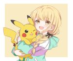  1girl blonde_hair blush border braid commentary_request fang fujita_kotone gakuen_idolmaster highres idolmaster liya_(yosoro2016) long_hair long_sleeves open_mouth outside_border pikachu pokemon pokemon_(creature) simple_background skin_fang twin_braids upper_body white_border yellow_background yellow_eyes 