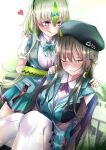  >:) 2girls :p aqua_skirt aqua_vest black_hat blush bow bowtie braid breasts brown_hair clenched_teeth closed_mouth collared_shirt commentary_request cowboy_shot crescent crescent_earrings dutch_angle earrings eyes_visible_through_hair fish_hair_ornament fish_hat_ornament furrowed_brow green_bow green_bowtie green_hair green_streaks hair_between_eyes hair_ornament hair_over_shoulder half_up_braid hands_on_another's_shoulders hat heart heaven_burns_red highres jewelry ksnkhka0410 large_breasts looking_at_another looking_at_viewer massage military_hat miniskirt motion_lines multicolored_hair multiple_girls naughty_face nose_blush one_eye_closed ooshima_ichiko ooshima_isuzu pantyhose pink_eyes plaid_bow plaid_bowtie plaid_clothes pleated_skirt shirt short_sleeves shoulder_massage siblings sidelocks sisters sitting skirt smile streaked_hair teeth tongue tongue_out trembling twins two_side_up v-shaped_eyebrows vest white_pantyhose white_shirt yellow_eyes 