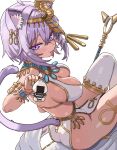  1girl ahoge ancient_egyptian animal_ear_fluff animal_ear_piercing animal_ears ankh blush breasts cat_ears cat_girl cat_tail cl_oor commentary_request dot_nose gold_nails hair_between_eyes hair_ornament holding holding_staff hololive jewelry large_breasts looking_at_viewer medium_hair nekomata_okayu onigirya_(nekomata_okayu) pelvic_curtain purple_eyes purple_hair simple_background sitting snake_hair_ornament staff tail thick_thighs thighs tongue tongue_out virtual_youtuber 
