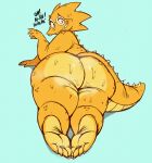 4_fingers 4_toes absurd_res alphys anthro big_butt blush bodily_fluids butt butt_focus claws dialogue english_text eyewear eyewear_only feet female fingers glasses glasses_only grin hi_res huge_butt huge_thighs lizard looking_at_viewer lying nervous nervous_smile nude on_front orange_body orange_scales raised_hand reptile scales scalie sin-sational smile solo spines sweat talking_to_viewer text thick_thighs toe_claws toes undertale_(series) wearing_glasses white_claws yellow_body yellow_scales