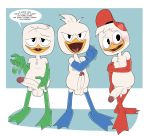  2019 anatid anseriform avian balls bird blush clothing dewey_duck disney duck ducktales ducktales_(2017) feathers hat headgear headwear hi_res huey_duck humanoid_penis jerseydevil looking_at_viewer louie_duck male male/male penis prostitution smile text white_feathers young 