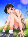  1boy absurdres ankle_socks bad_anatomy bad_hands bicycle black_eyes black_hair blue_shoes blue_sky blurry bokeh child choppy_bangs clear_sky collarbone commentary depth_of_field fingernails from_side full_body grass grey_shorts grey_tank_top grid_teeth hand_on_ground hand_on_own_leg head_on_knees highres hill hunched_over knees knees_to_chest knees_up light_blush light_particles looking_at_viewer male_focus midousuji_akira on_ground outdoors outer_glow parted_lips ribs road_bicycle sehun shiny_skin shoes short_hair shorts shoulder_blush sitting skinny sky sneakers socks solo tank_top very_short_hair white_socks wide-eyed yowamushi_pedal 