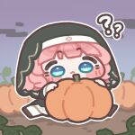  1girl ? ?? blue_eyes blush_stickers chibi chibi_only closed_mouth commentary_request full_body korean_commentary monyami ner_(trickcal) nun_headdress pink_hair pumpkin sitting solo trickcal 