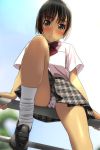  1girl absurdres bangs black_footwear black_hair blue_sky blurry blurry_background blush bow brown_eyes closed_mouth collared_shirt day depth_of_field eyebrows_visible_through_hair heart heart_panties heart_print highres kneehighs loafers looking_at_viewer looking_down matsunaga_kouyou original outdoors panties plaid plaid_skirt pleated_skirt print_panties railing red_bow shirt shoes short_sleeves sitting sitting_on_railing skirt sky smile solo underwear white_legwear white_panties white_shirt 