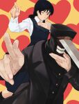  1boy 1girl absurdres black_coat black_dress black_hair blood blood_on_hands chainsaw_man coat commentary cross_scar dakaeya dress english_commentary fourth_east_high_school_uniform heart heart_background highres katana_man_(chainsaw_man) one_eye_closed pinafore_dress pointing puckered_lips red_eyes ringed_eyes scar scar_on_cheek scar_on_face scar_on_nose school_uniform sleeveless sleeveless_dress teeth yoru_(chainsaw_man) 